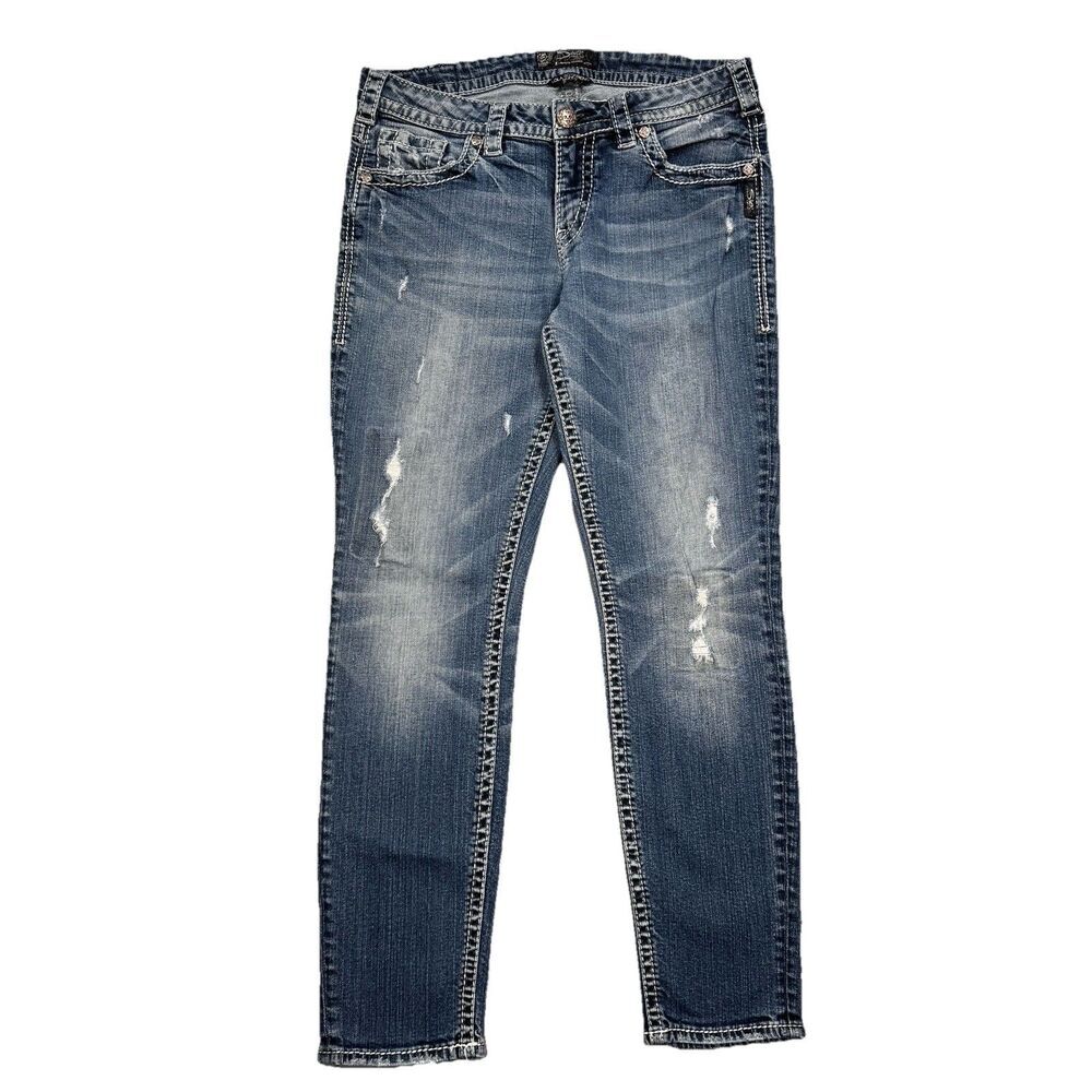 Silver Jeans Lola 29 Womens Boyfriend Skinny Distressed Blue Measures 30 x 27.5
